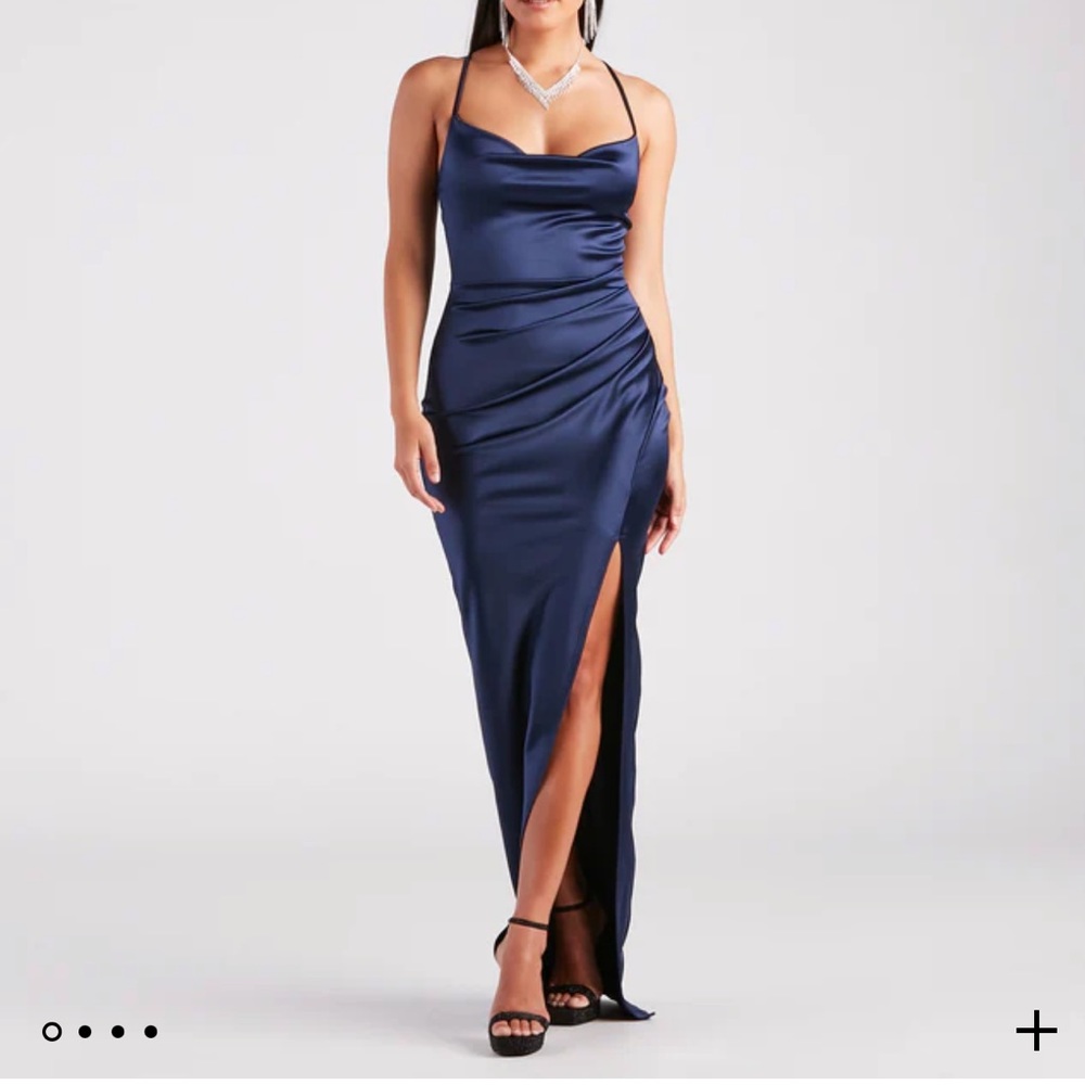 Windsor Stella Satin Cowl Neck High Slit Formal Dress in Navy